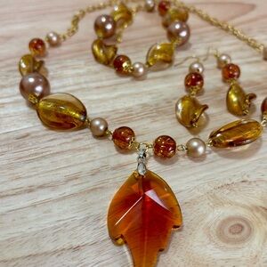 Amber Glass & Pearl Bead Jewelry Set – Marked 18KGF
